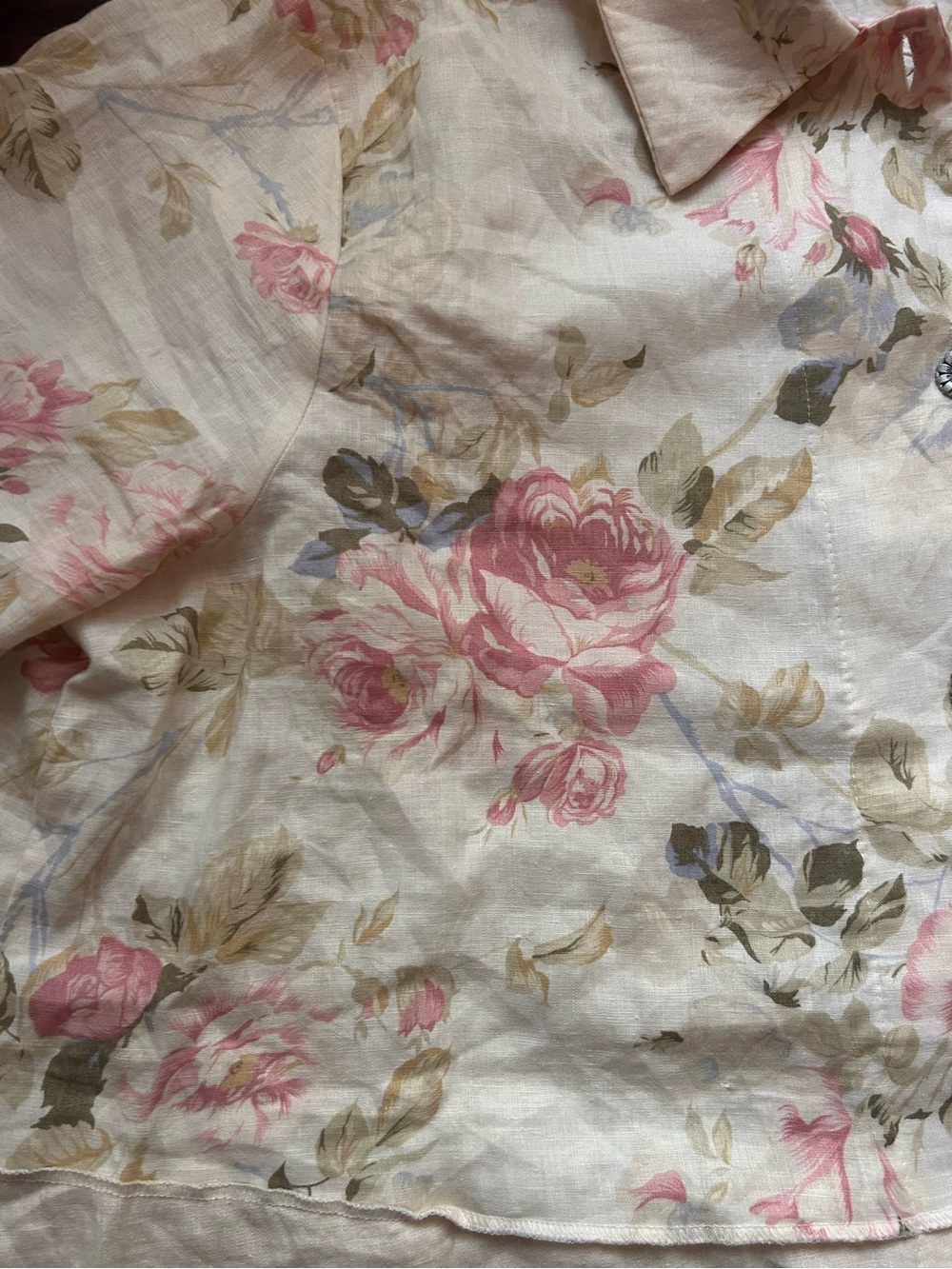 Vintage 90s Surrealist Floral Linen Patchwork Button-Down Shirt Jacket - Picture 11 of 13